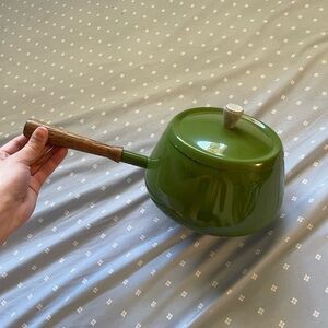 MCM 60s Olive Green Metal Fondue Pot